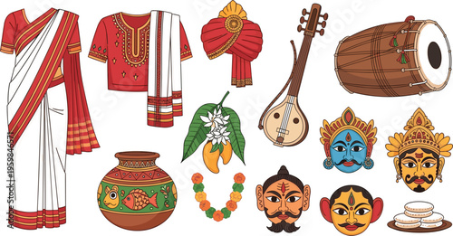 Collection of traditional cultural icons featuring saree, panjabi, dhol, sitar, festive masks, and decorative clay pots for celebrating folk festivals and ethnic heritage events.