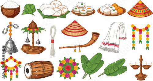Collection of traditional cultural icons including sweets, dhol drum, festive hats, marigold garlands, banana leaves, and ritual lamps for ethnic folk festivals and heritage celebrations.