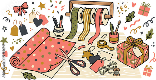 A colorful illustration of sewing and gift wrapping items isolated on transparent background