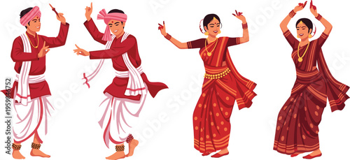 Collection of traditional folk dancers in ethnic attire featuring male and female dancers in red and white sarees and dhotis for cultural festival and heritage celebration designs.