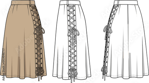 Women Lace Up A-Line Midi Skirt Technical Flat Sketch CAD Drawing Vector Illustration Fashion Template Side Eyelet Detail Design Mockup