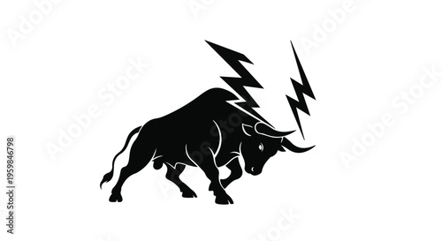 Black silhouette of an aggressive charging bull with lightning bolts above its back is shown on a white background.