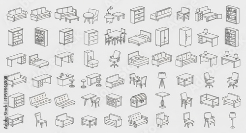 Isometric Furniture Sketches - A Collection of Interior Design Elements.