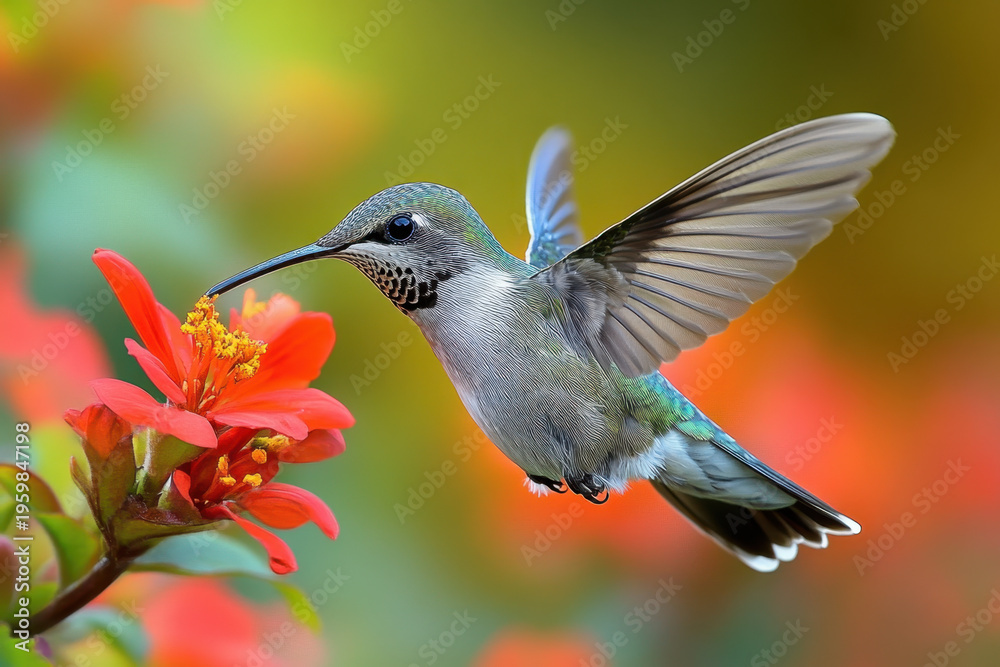 Fototapeta premium Hummingbird hovering over a flower.