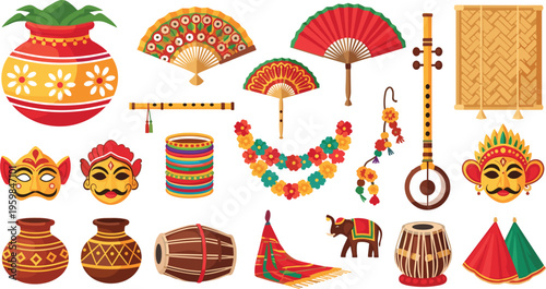 Set of colorful traditional cultural icons featuring musical instruments, festive masks, hand fans, clay pots, and decorative ornaments for Pohela Boishakh and folk festival designs.