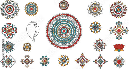 Set of colorful hand drawn ethnic mandala ornaments including floral motifs and conch shell icons for traditional wedding cards, festive decorations, and oriental pattern designs.