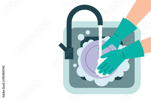 Hands in rubber gloves washing dishes in a kitchen sink, household cleaning concept with copy space