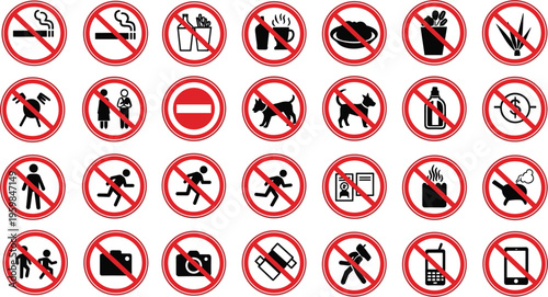 Set of red prohibition signs and restricted warning icons including no smoking, no food, no pets, no running, and mobile phone usage ban for public safety area.