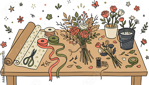 A wooden table with flowers scissors and tools isolated on transparent background