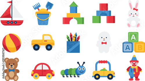 Flat Style Kids Toy Icon Set with Colorful Objects Including Car, Ball, Blocks, Teddy Bear, Rabbit, Clown, and Educational Play Elements for Design.