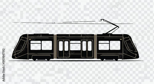 A modern black streetcar or tram vehicle is illustrated in profile view with its pantograph extended above the roof.