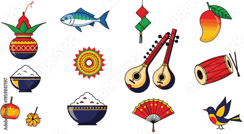 Set of traditional cultural icons featuring Hilsa fish, ektara string instruments, dhol drum, festive clay pots, and colorful bird illustrations for ethnic folk festival and heritage designs.