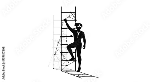 A silhouette of a person wearing a headset ascends a construction ladder, suggesting progress toward a virtual reality goal.