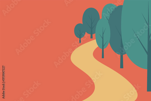Flat Illustration of a Winding Path Through a Forest, nature journey concept with copy space