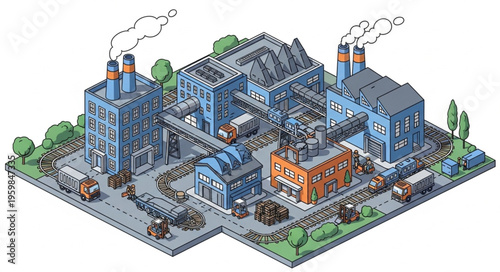 Fotografi Isometric Illustration of a Large Industrial Factory Complex with Smoke