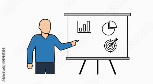 Businessman presenting on whiteboard chart.