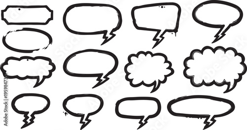 A collection of black hand-drawn graffiti speech bubbles on a white background. The set features various sketchy outlines, including cloud shapes, ovals, and rectangular with lightning-bolt pointers.