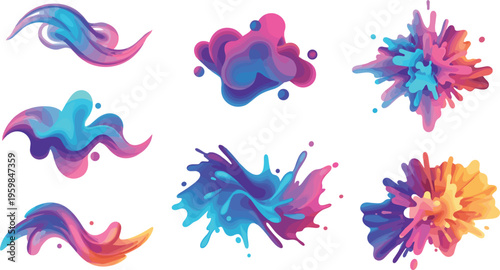 Abstract 3D liquid splash vector set with vibrant colorful gradients, dynamic fluid shapes, and paint explosion effects for modern artistic backgrounds.