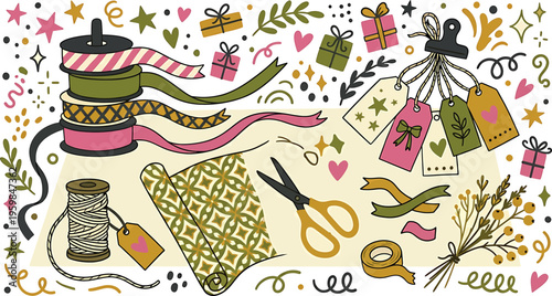 Whimsical sewing notions and dress isolated on transparent background