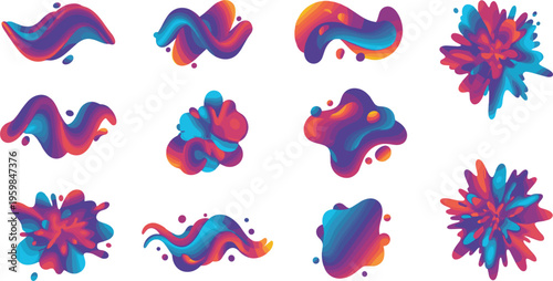 Abstract 3D liquid splash vector set with vibrant orange and purple gradient fluid shapes for modern artistic background and high-energy creative designs.