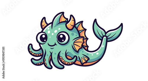 Cartoon sea monster with tentacles smiling.