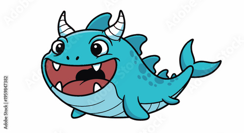 Cartoon blue dragon with horns smiling.