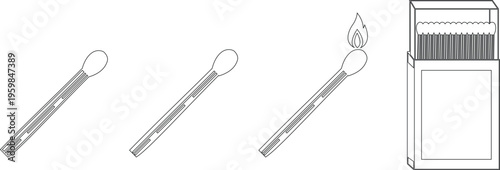 Matchstick icons set burning match stick flame symbols and matchbox for ignition, fire starter tool vector silhouettes and outline illustration for safety and camping collection group