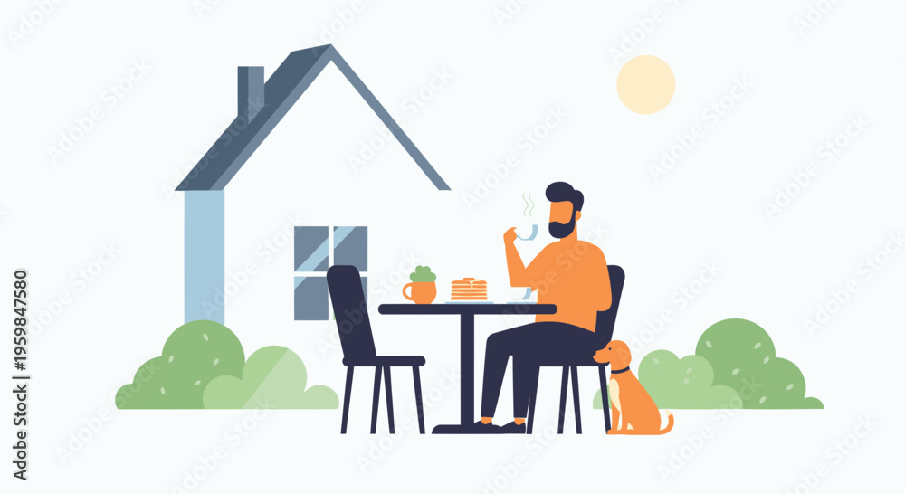 Fototapeta premium Man sitting at table with dog.