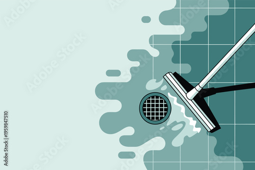Cleaning Wet Floor with Squeegee and Drain Illustration, maintenance cleaning concept with copy space