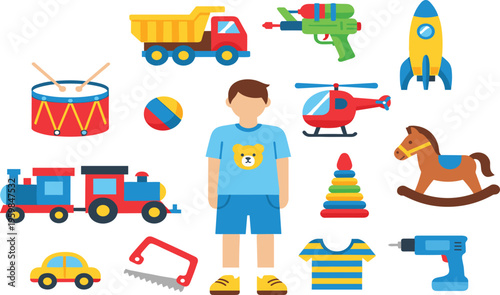 Kids Toys and Objects Collection Vector Illustration with Cartoon Boy, Train, Rocket, Helicopter, Drum, Car, and Play Elements for Children Design.