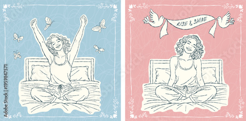 Minimalist line handdrawn art illustration of a woman waking up in bed, stretching and smiling, surrounded by butterflies and soft decorative elements for wellness, lifestyle, and self-care designs.