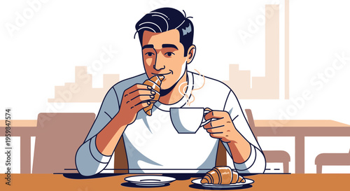 Man eating croissant and drinking coffee.