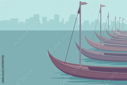 Traditional Boats Lined Up on Water with City Skyline, travel culture concept