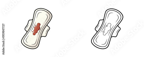 Detailed diagram showing an anatomical sanitary pad with blood in white and red colors next to a black and white outline for education on white background