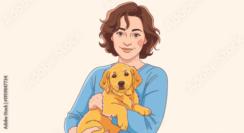 Woman holding a golden retriever puppy.
