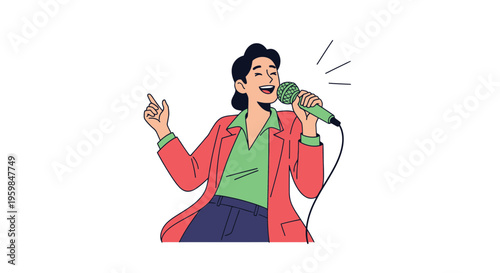 Woman singing into a microphone loudly.