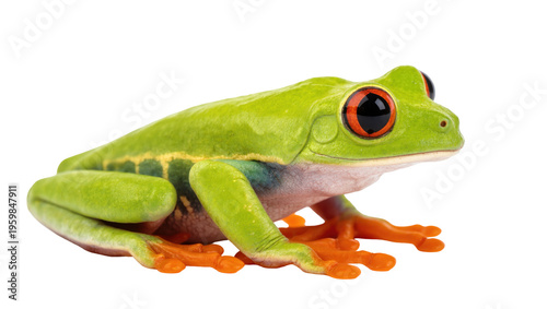Fotografía Vibrant green red-eyed tree frog amphibian with striking orange feet and bright