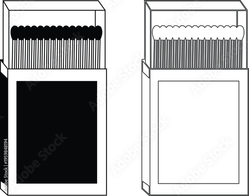 Matchstick icons set burning match stick flame symbols and matchbox for ignition, fire starter tool vector silhouettes and outline illustration for safety and camping collection group