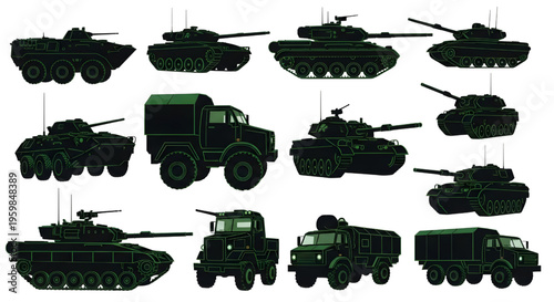 Military Vehicle Silhouette Vector Set – Tanks, Armored Trucks, Tactical Transport Icons Collection