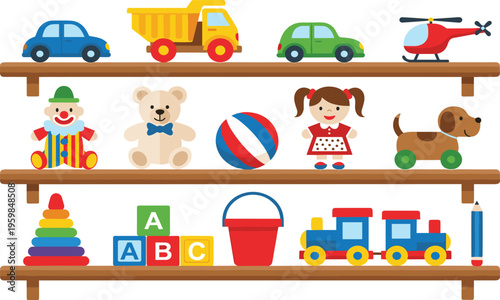 Kids Toys on Shelves Vector Illustration with Cartoon Cars, Teddy Bear, Ball, Blocks, Train, Helicopter, and Nursery Play Objects for Children Design.