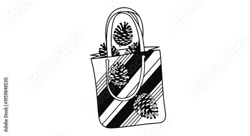 Black and white drawing shows a striped tote bag filled with decorative pine cones against a stark white background.