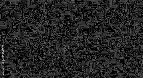 Detailed Abstract Monochrome Circuit Board Pattern on Dark Background