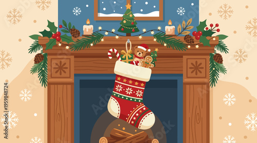 Festive Christmas Stocking Hanging Over Fireplace