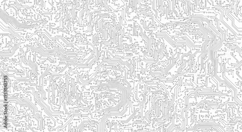 Detailed Abstract Monochrome Circuit Board Pattern on Isolated White Background