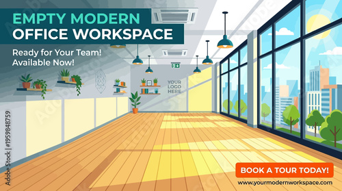 Empty Modern Office Workspace with City View