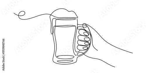 Minimalist continuous line drawing of a hand holding a frothy mug of cold beer on white background Vector, illustration