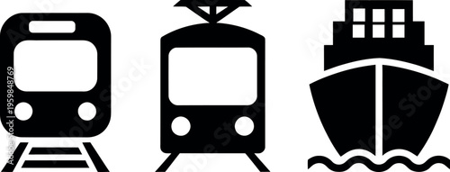 Three different modes of transportation icons: train, tram, and ferry.