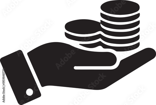 A minimalist black silhouette of a hand holding a stack of coins, symbolizing payment, savings, investment, or charitable giving.