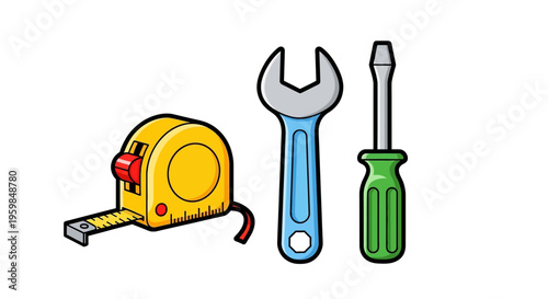 A cartoon illustration of essential hand tools on a white background.