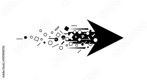 Dynamic Black Arrow with Exploding Geometric and Abstract Shapes on Isolated White Background
